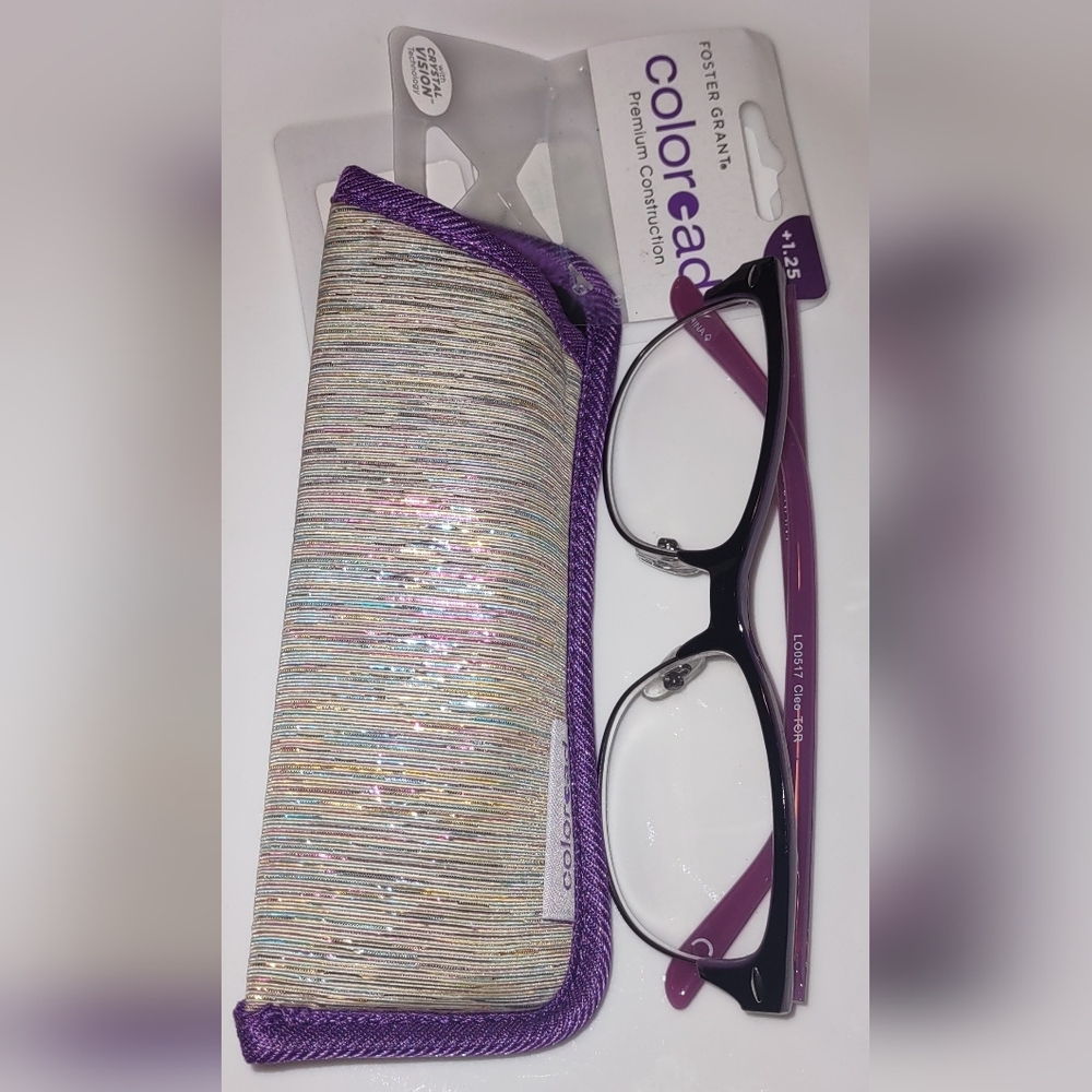 Foster Grant Black and Purple Reading Glasses  Glitter Case Size+1.25  New